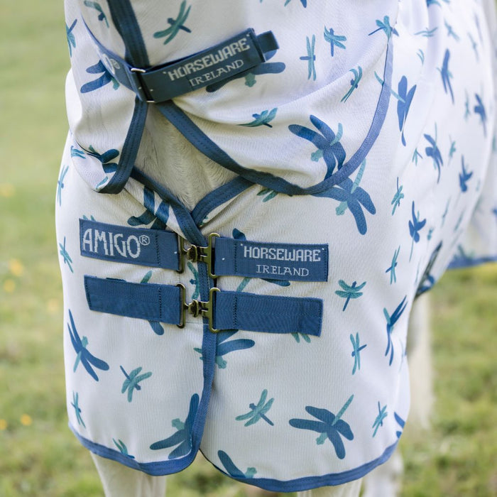 A grey pony wearing the Horseware Ireland Amigo Bug Rug Plus Pony in a dragonfly print, close up of the front closure of the fly sheet.