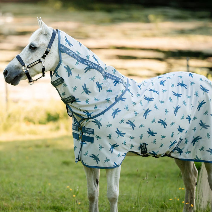 A grey pony wearing the Horseware Ireland Amigo Bug Rug Plus Pony fly sheet in a dragonfly print