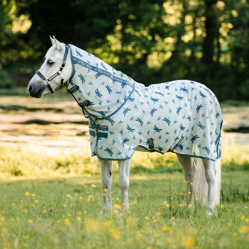 A grey pony wearing the Horseware Ireland Amigo Bug Rug Plus Pony fly sheet in a dragonfly print