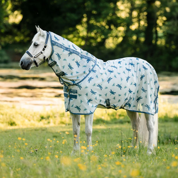 A grey pony wearing the Horseware Ireland Amigo Bug Rug Plus Pony fly sheet in a dragonfly print